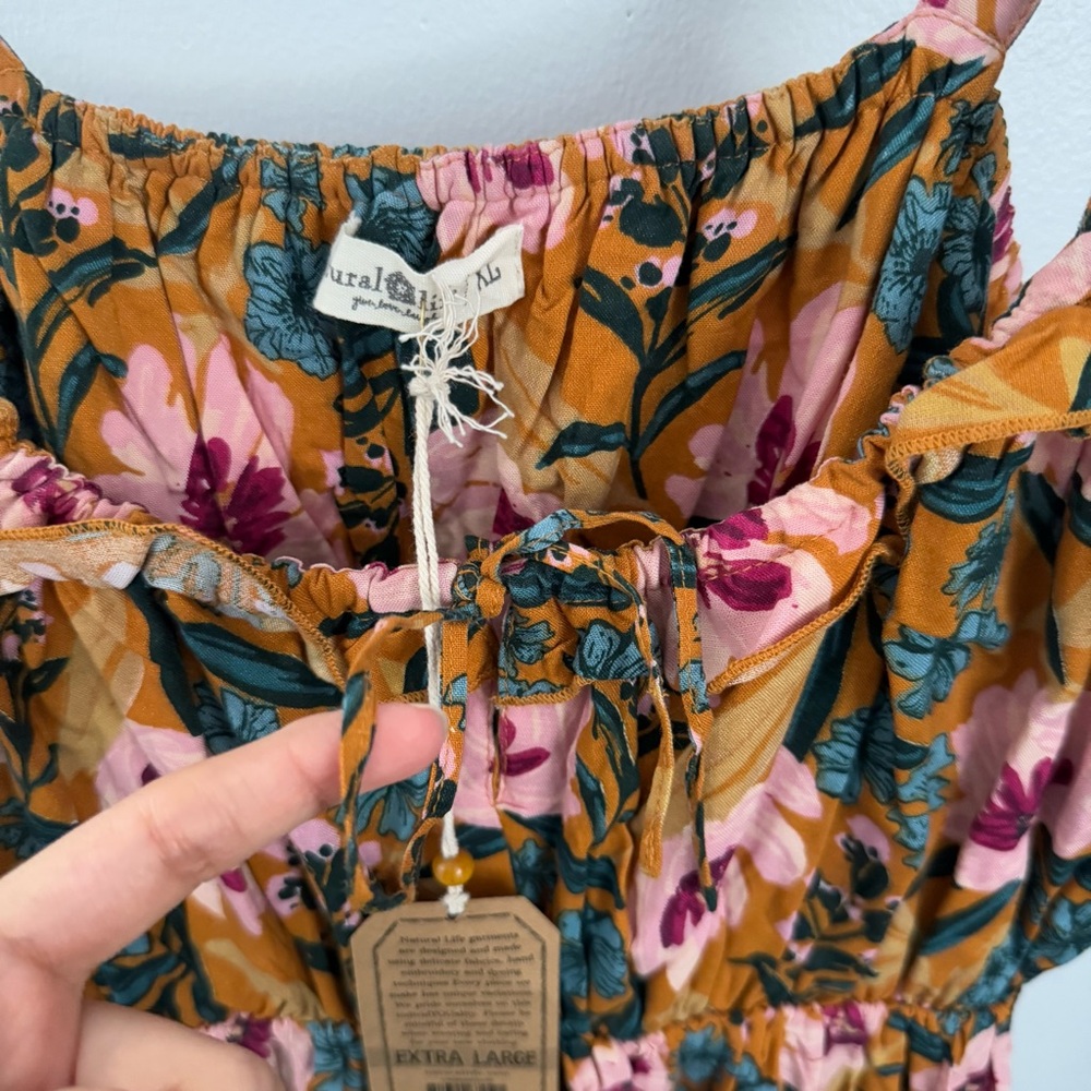 Natural Life XL NEW Floral Mini Dress Yellow Pink Boho Cottage Elastic Waist - Picture 8 of 10
